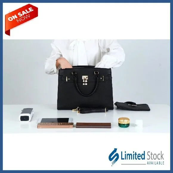 Vegan Leather Tote with Clutch, 13.5 Work Bag, Multiple Pockets
